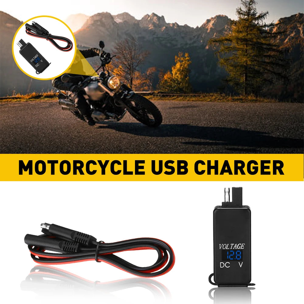 Waterproof Motorcycle 2 USB Fast Charger with Digital Voltmeter and Inline Fuse Power Supply