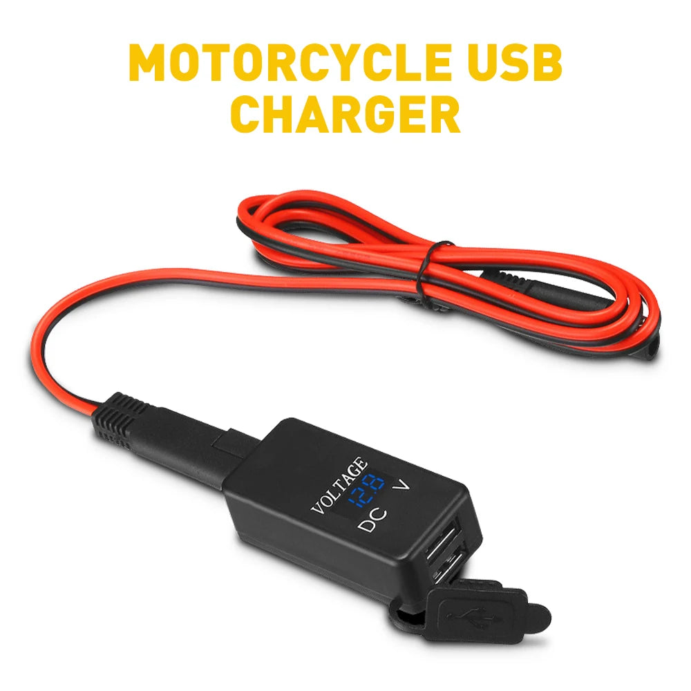 Waterproof Motorcycle 2 USB Fast Charger with Digital Voltmeter and Inline Fuse Power Supply