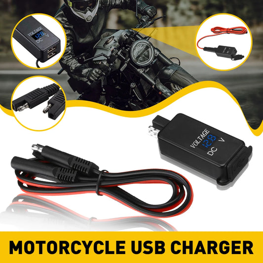 Waterproof Motorcycle 2 USB Fast Charger with Digital Voltmeter and Inline Fuse Power Supply