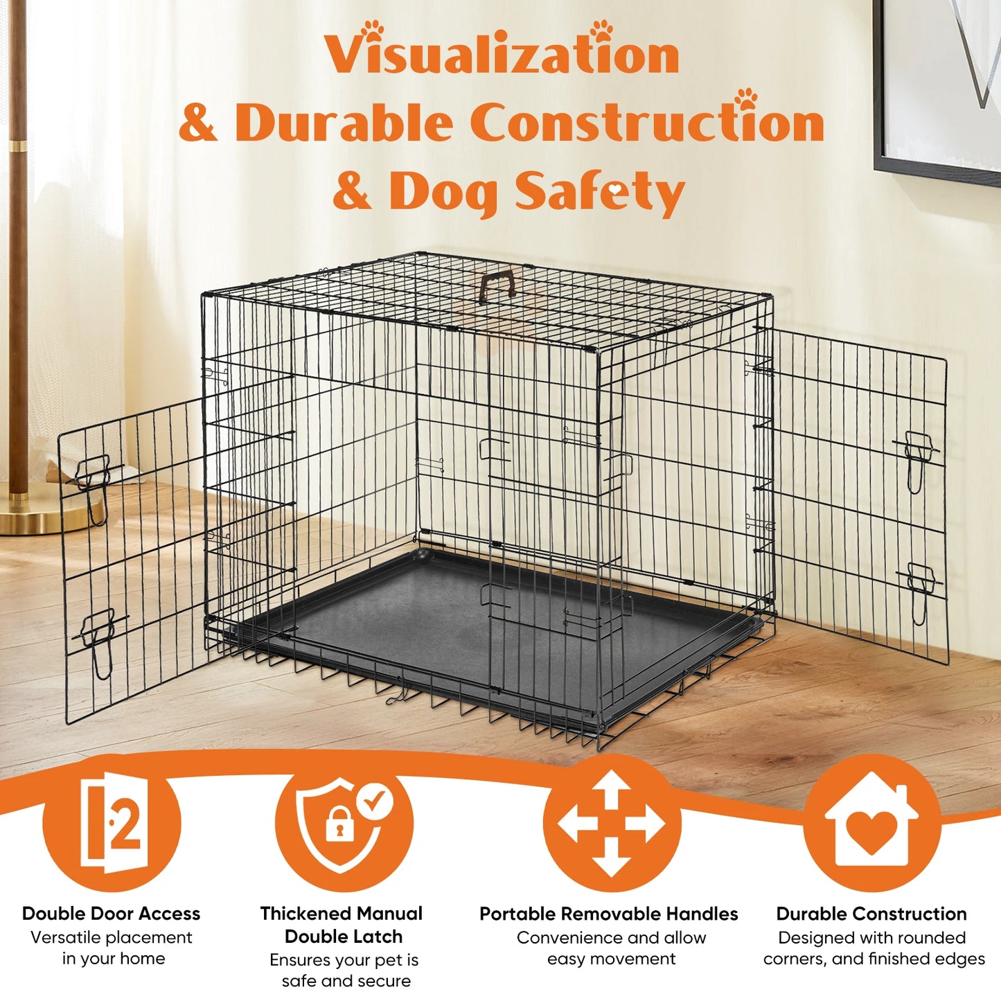 Double Door Folding Metal Wire Dog Cage with Plastic Leak-Proof Pan