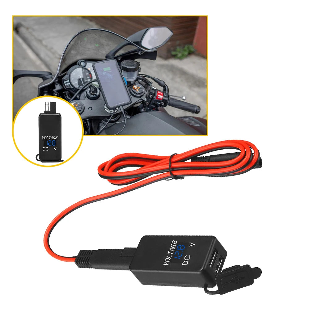 Waterproof Motorcycle 2 USB Fast Charger with Digital Voltmeter and Inline Fuse Power Supply