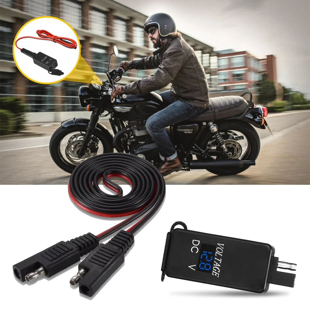 Waterproof Motorcycle 2 USB Fast Charger with Digital Voltmeter and Inline Fuse Power Supply