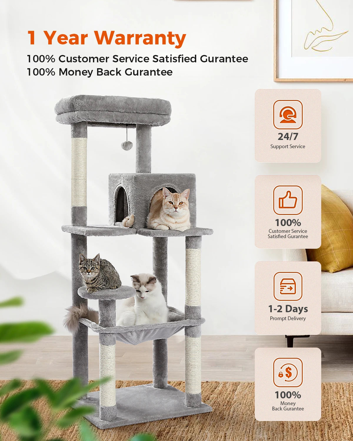 5-Level Cat Tower with Large Hammock and Cat Condo