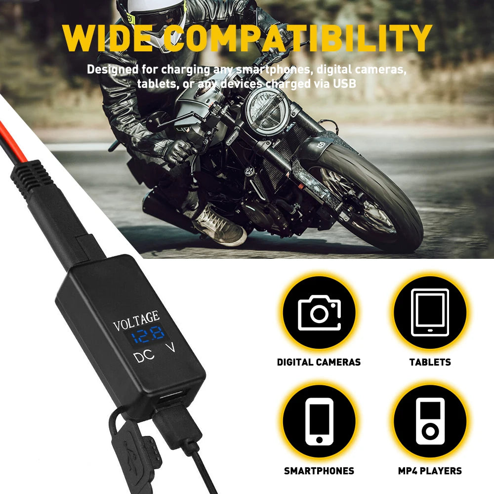 Waterproof Motorcycle 2 USB Fast Charger with Digital Voltmeter and Inline Fuse Power Supply