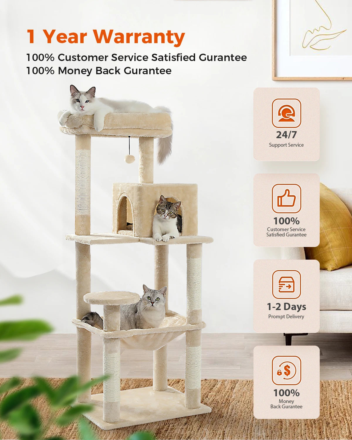 5-Level Cat Tower with Large Hammock and Cat Condo