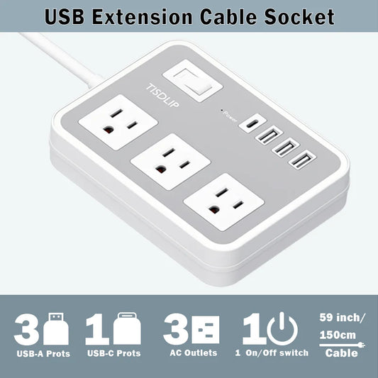 3-Way Power Strip with 4 USB Charging Ports