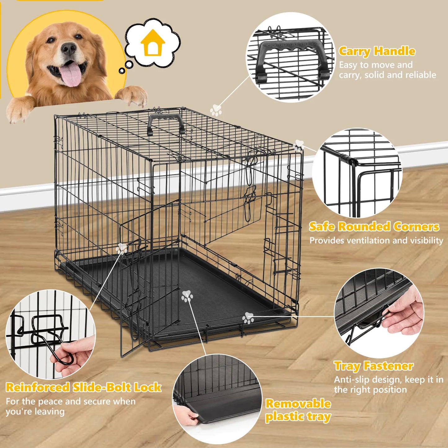 Double Door Folding Metal Wire Dog Cage with Plastic Leak-Proof Pan